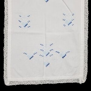 Embroidered Table Runner Dresser Scarf Heart Crochet Lace Blue White Vintage 36"